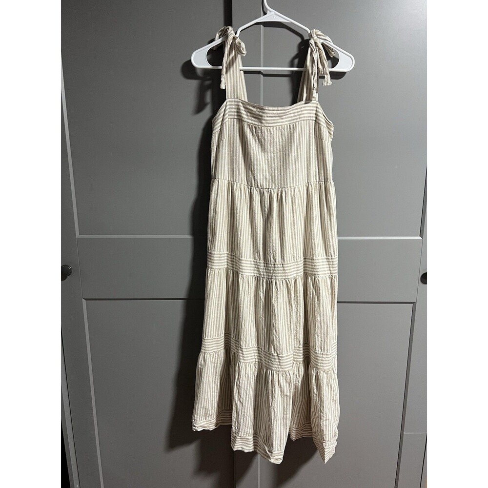 By The River Women Midi Tier Stripe Dress Beige White Medium Cottagecore Peasant